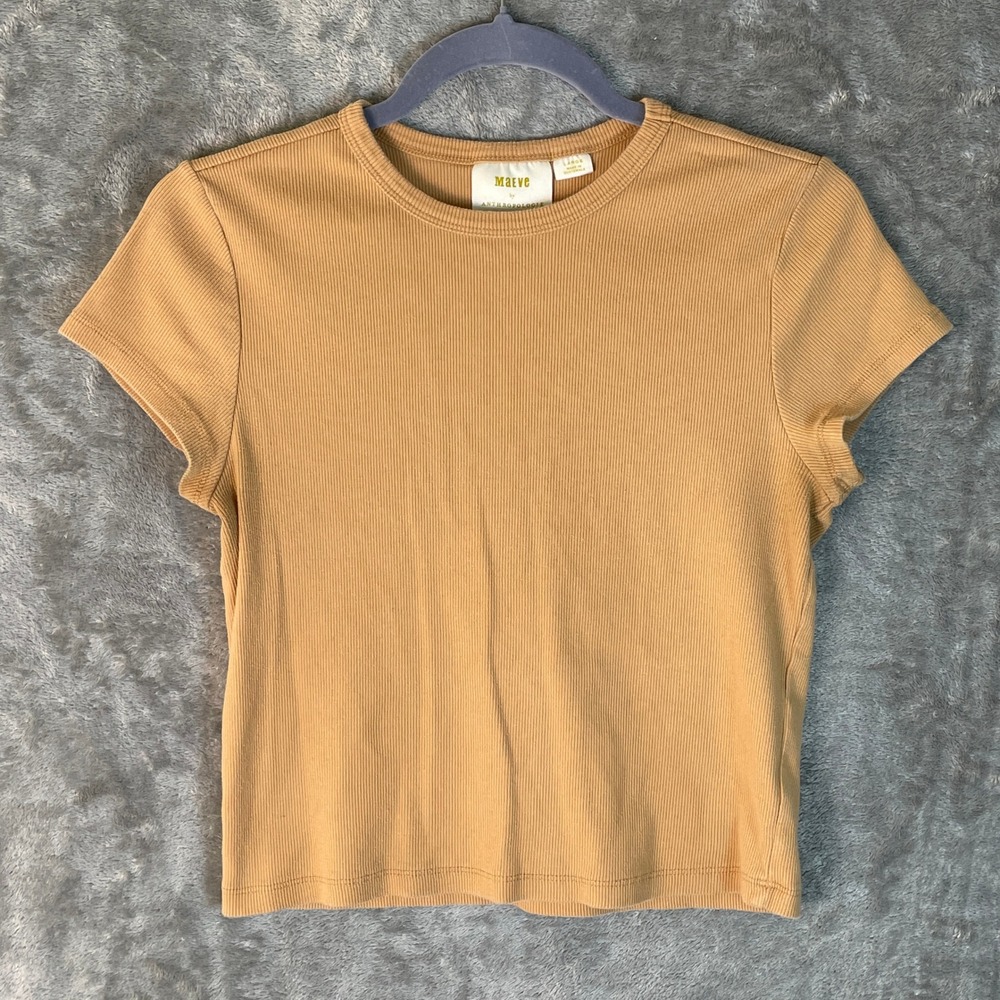 Maeve Anthropologie Ribbed Baby Tee Women Large Tan Excellent Short Sleeve